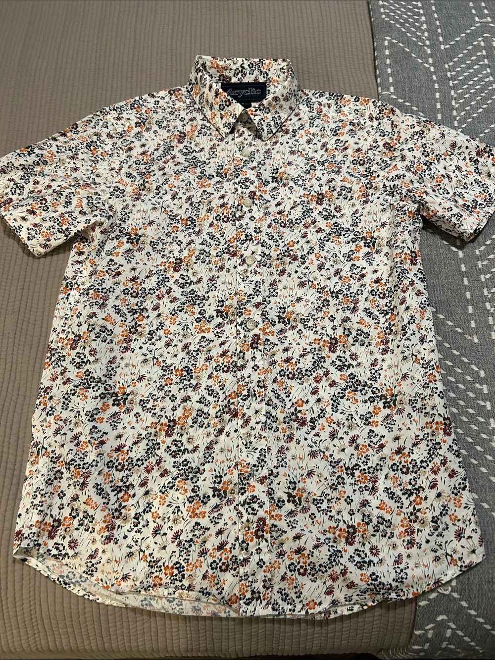 Short-Sleeve Floral Button-Down Shirt - White with Orange & Navy